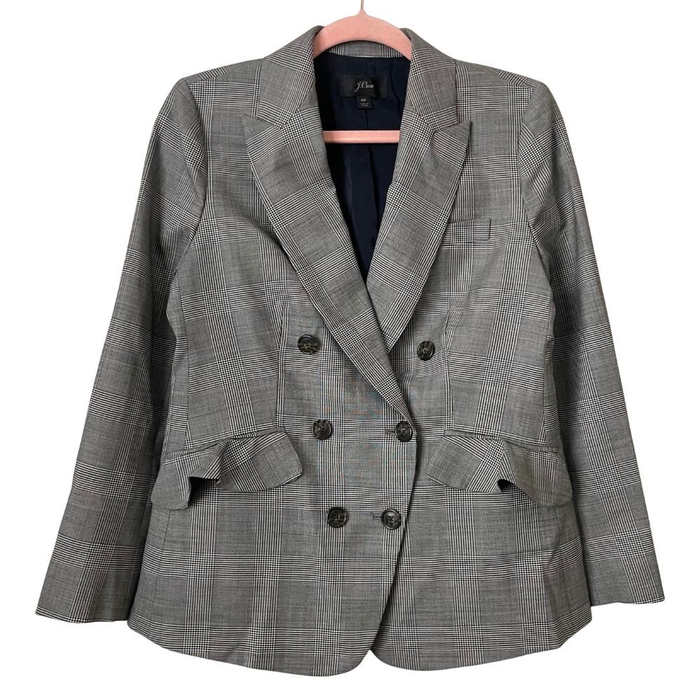 J. Crew Blazer Womens Size 6 Petite Black White Glen Plaid Wool Preppy Academia